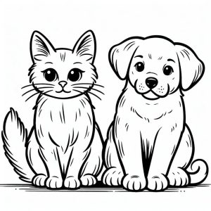 Cat and Dog are Sitting coloring page