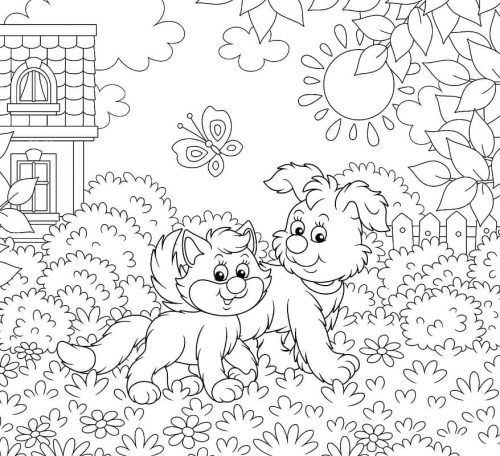 Cat and Dog in the Garden coloring page