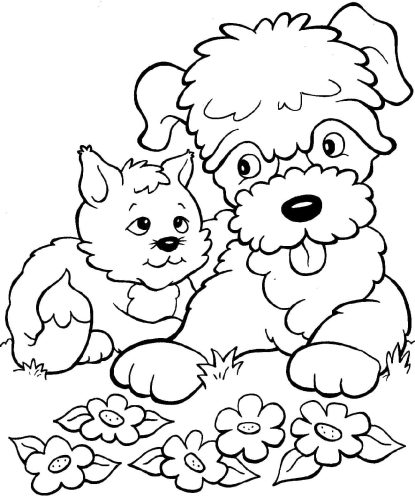 Cat and Dog with Flowers coloring page