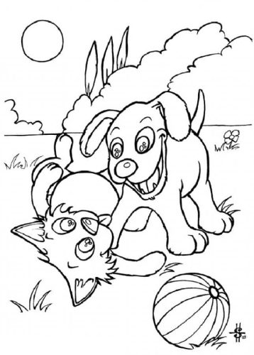 Dog and Cat Are Playing Together coloring page