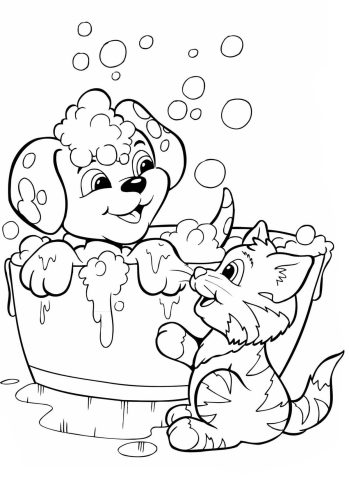 Dog and Cat in Bath coloring page