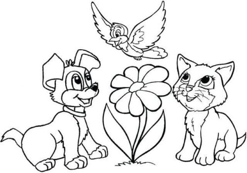 Dog and Cat with Bird coloring page