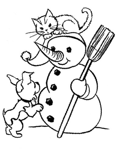 Dog, Cat and Snowman coloring page