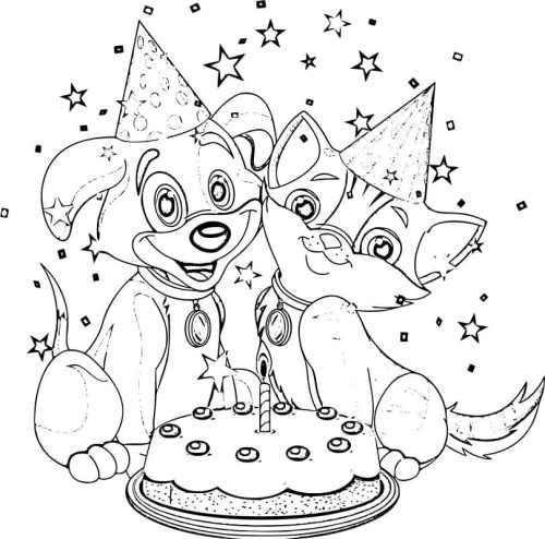 Happy Birthday Dog and Cat coloring page