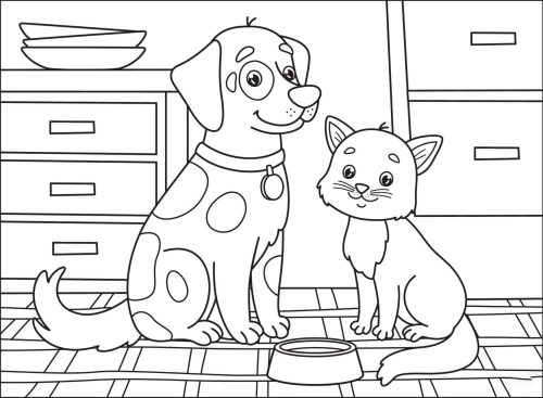 Happy Dog and Cat coloring page