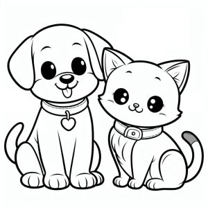 Printable Cute Dog and Cat coloring page